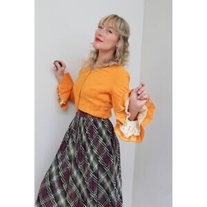 1960's Vintage Sunflower Yellow Bell Sleeve Blouse ~ Women's SM MD Bright Autumn